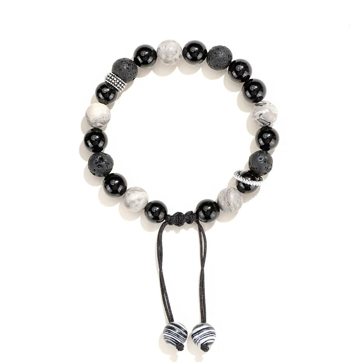 Black agate map stone bracelet with diamond-shaped volcanic rock beads