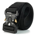 Men's thick canvas tactical belt with alloy release buckle, shown in multiple colour options including Army Green and black.