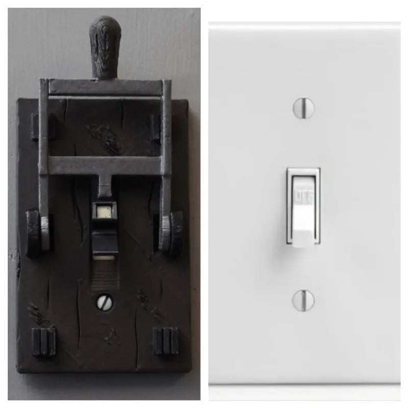Retro-style cream single pole light switch with a surface-mounted plate and a toggle lever.