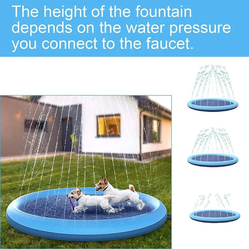 Blue circular dog splash pad on grass, 150 cm diameter, with water sprinkling from its surface.