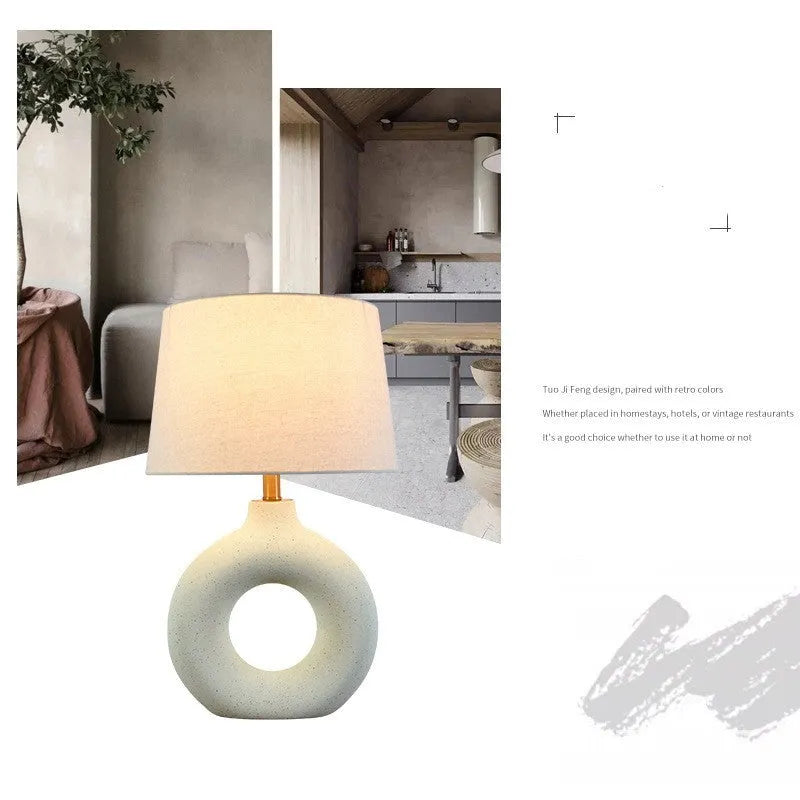 Feng Japanese style white ceramic table lamp with button switch on wooden desk