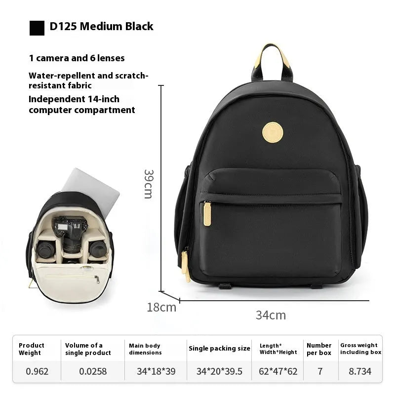 Women's solid-colour shoulder camera bag with a detachable iPad pocket in splash-proof polyester fabric.