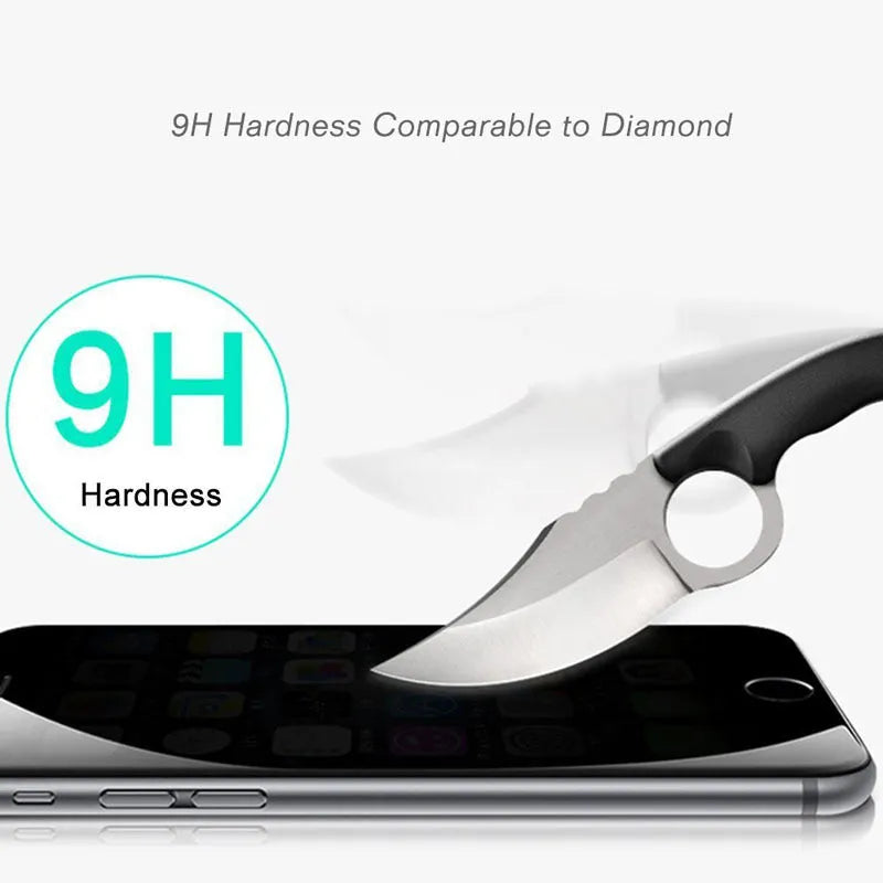 Black anti-peeping tempered glass screen protector film for Apple iPhone on a packaging card.