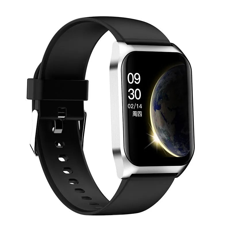 Black or silver smartwatch with 1.69-inch screen and silicone strap for Bluetooth calls and music.