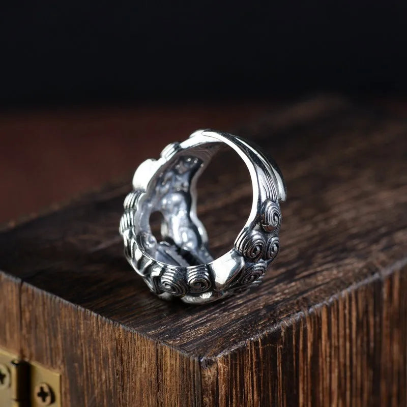 Solid silver open ring with Jibeast pattern animal zodiac design and adjustable band