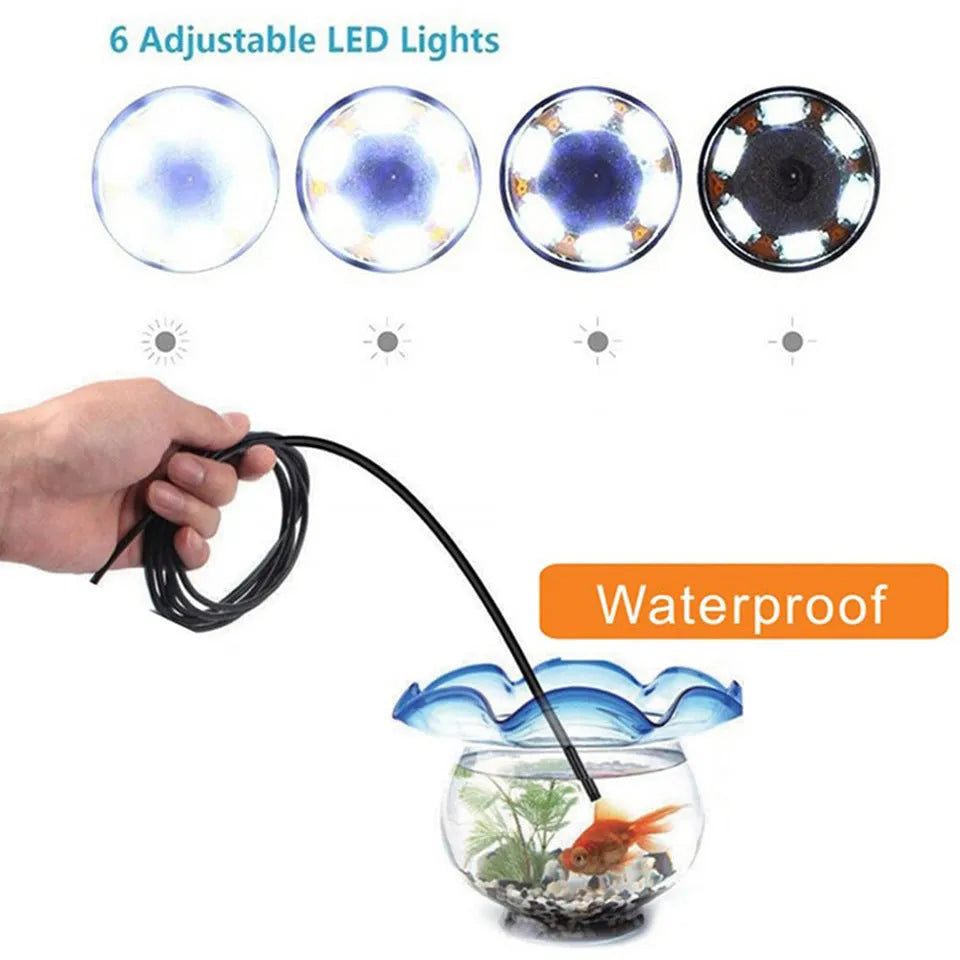 USB C Android endoscope with flexible cable, IP67 waterproof, showing 5.5mm and 7mm camera head options