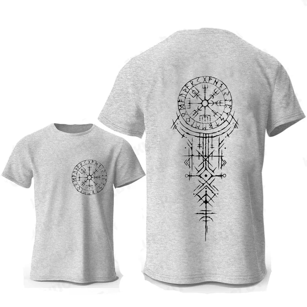 Men's grey T-shirt with a detailed Viking compass and smiling face graphic print on the chest.