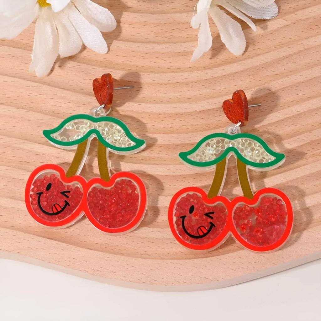 Women's acrylic earrings with cherry, strawberry, watermelon, pineapple, coconut tree, cake and ice cream charms.