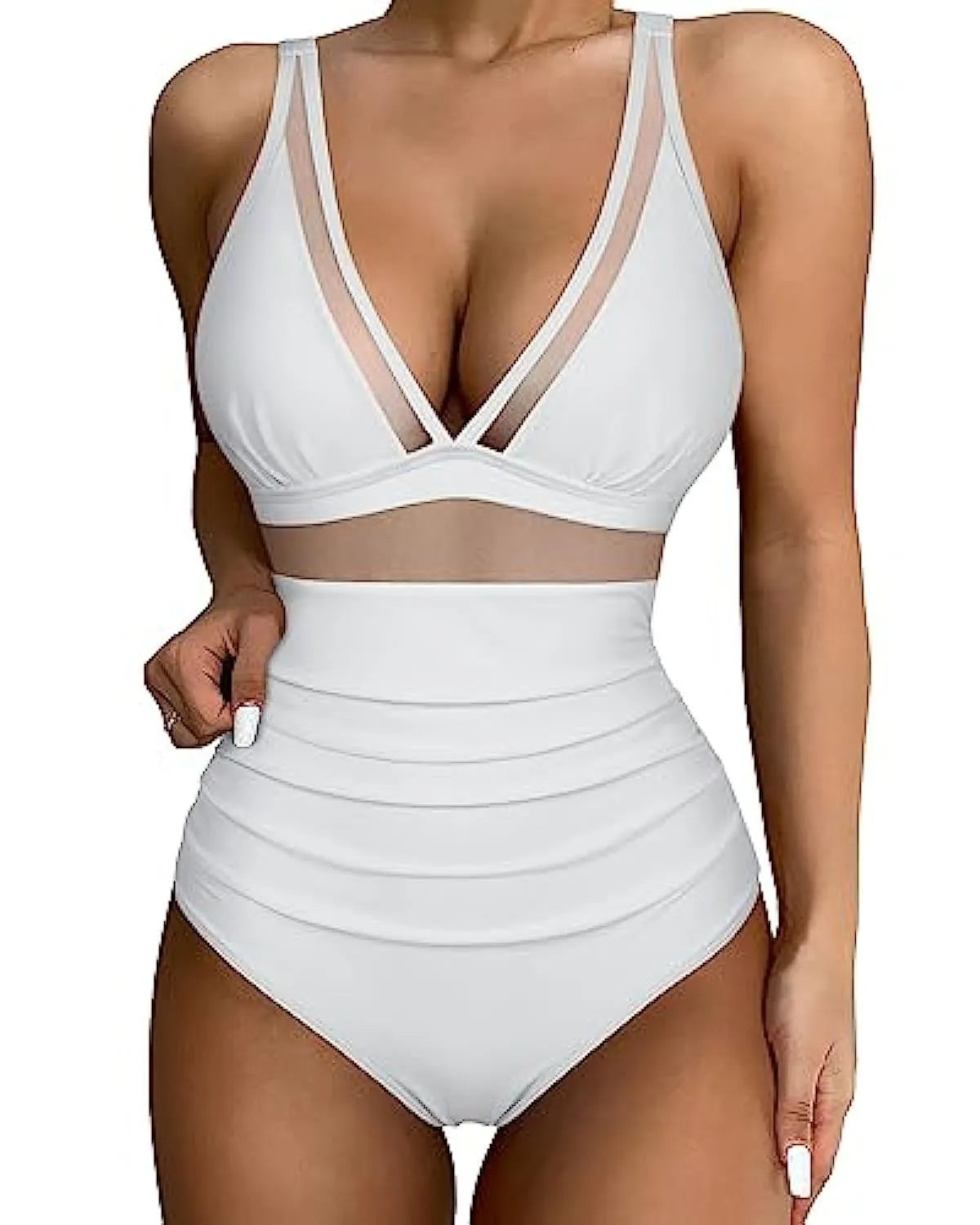 Women's high waist one-piece swimsuit in leopard print and solid colours on a mannequin.