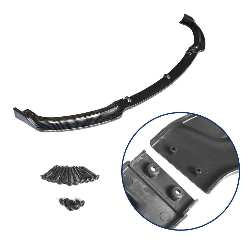 Black polypropylene front bumper lip spoiler for BMW 3 Series F30 F35 models on a car.