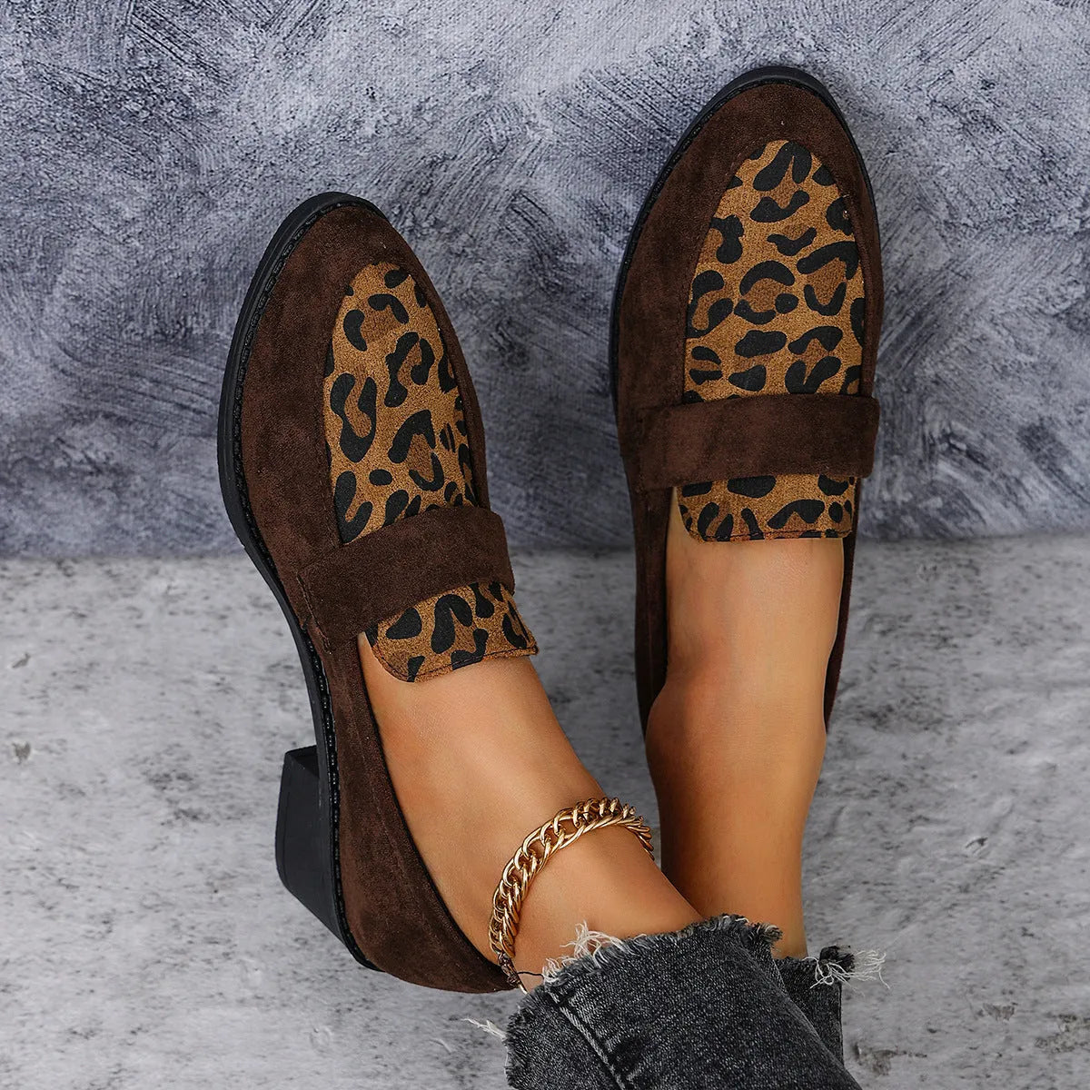 Leopard print suede slip-on shoes with a chunky mid heel and pointed toe in pink, brown, or khaki.