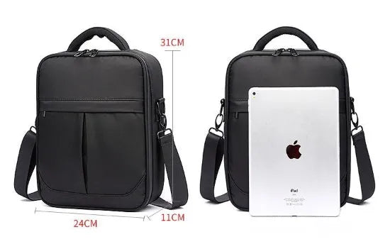 Black Oxford fabric men's messenger shoulder bag showing its size and style.