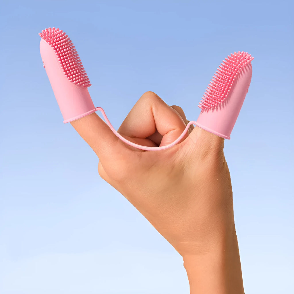 Pet dental cleaning finger set with TPR dual brushes in multiple colours