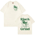 Cartoon Rise and Grind Green Coffee print on a loose-fit linen blend T-shirt.