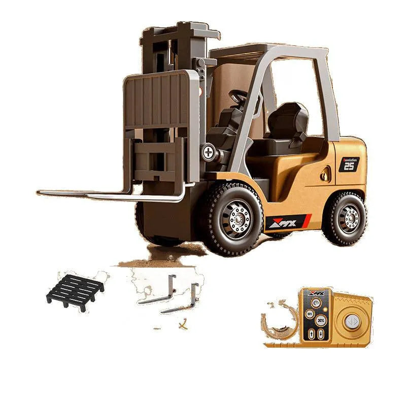 Bluetooth mini alloy forklift remote control toy with cargo hook and fork attachments on pallet