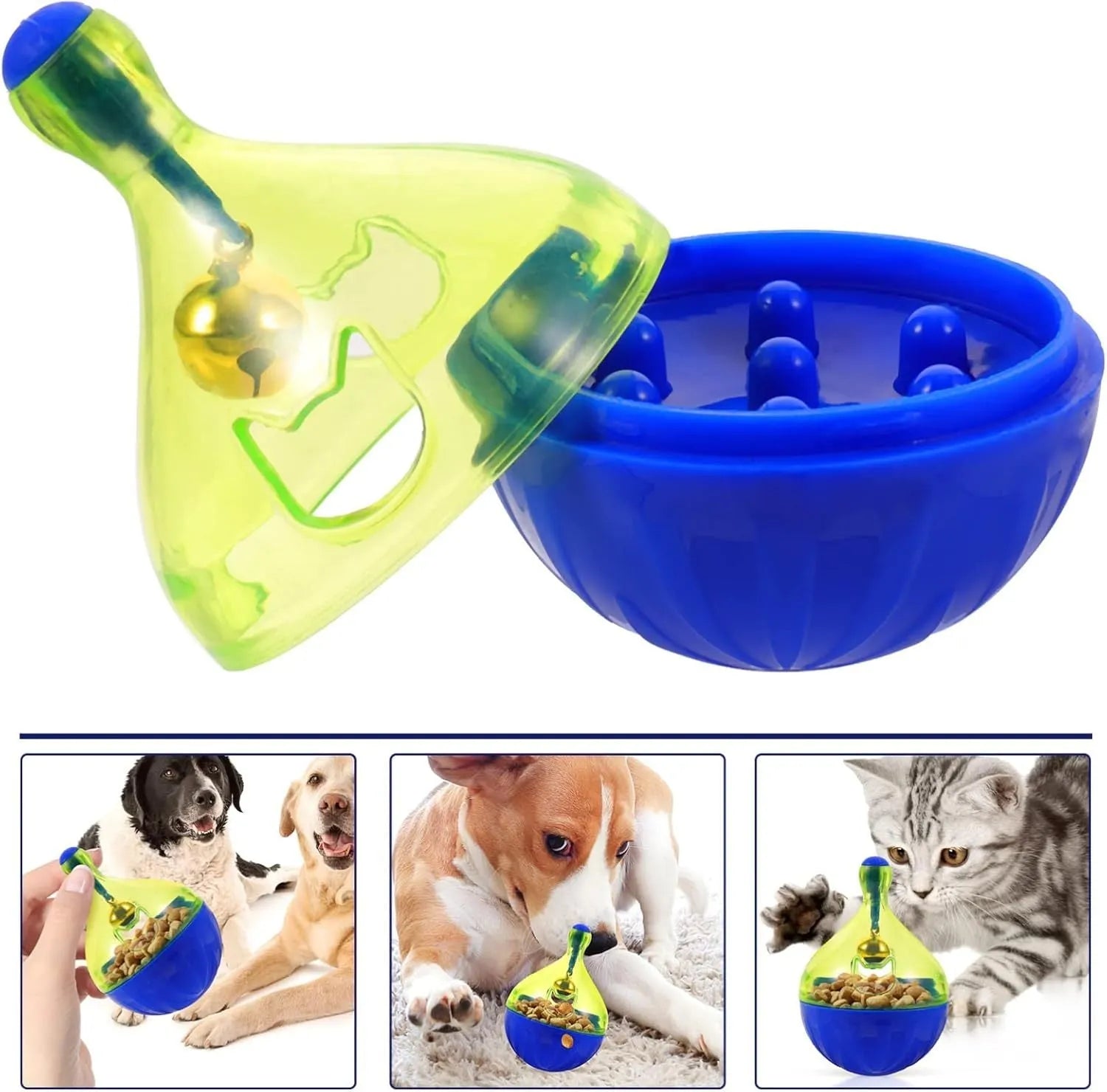 Interactive pet treat dispenser tumbler toy for dogs and cats showing rolling ball design