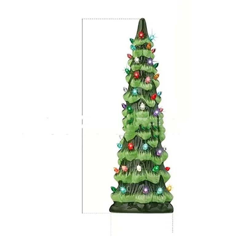 European-style Christmas tree ornament with lights, shown in different sizes for home or courtyard.