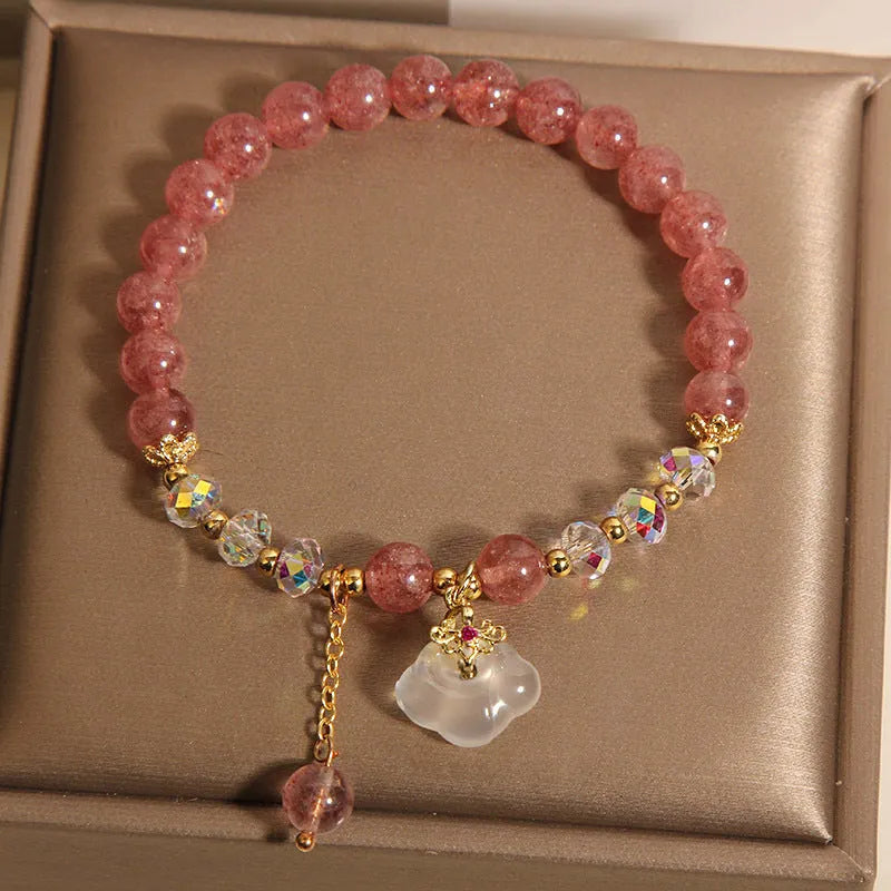 Women's natural crystal bracelet with strawberry quartz and white agate beads in auspicious clouds pattern