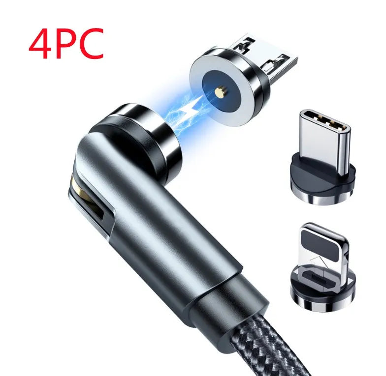 Essager rotating magnetic USB charging cable with LED light in black, shown with Android and Type-C magnetic tips.