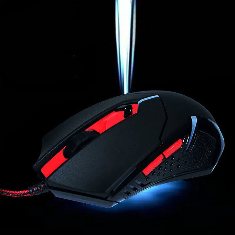 Black and red USB wired optical gaming mouse with six keys on an ergonomic shape.