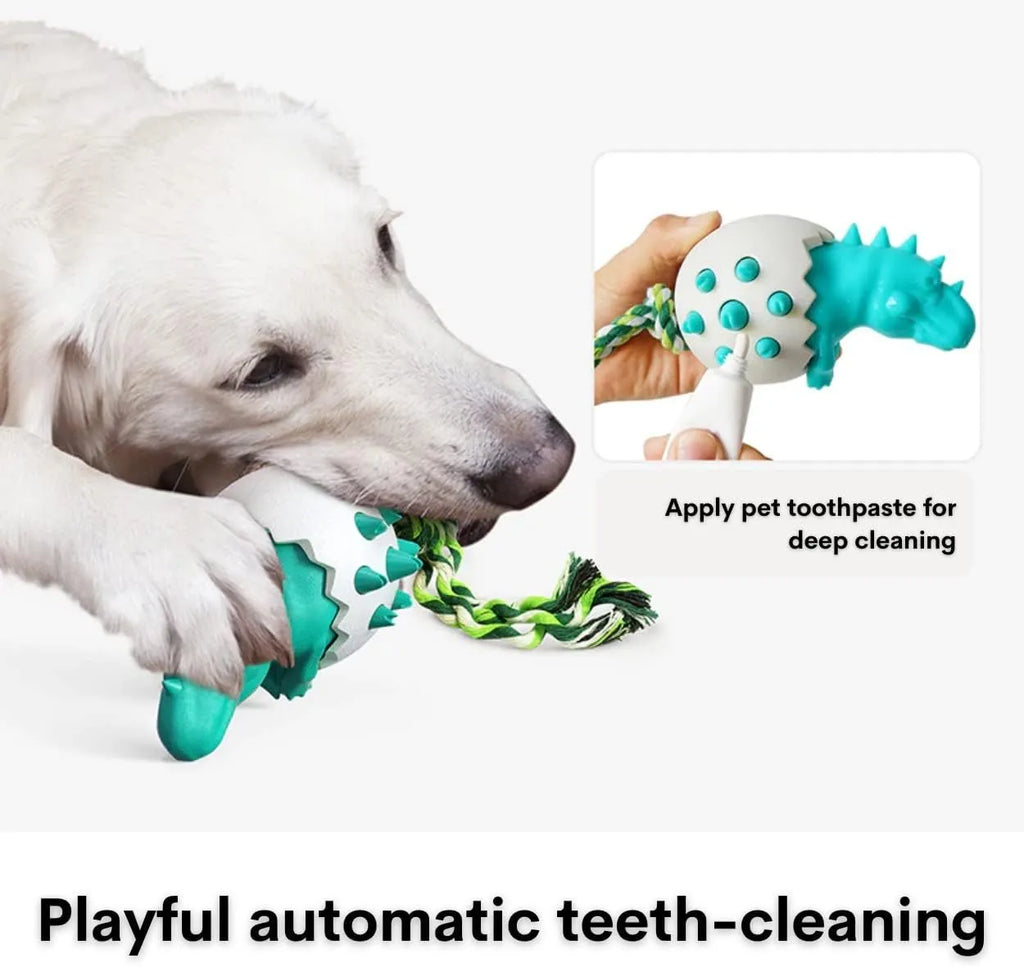 Durable blue dinosaur-shaped dog chew toy with an integrated green nylon rope.