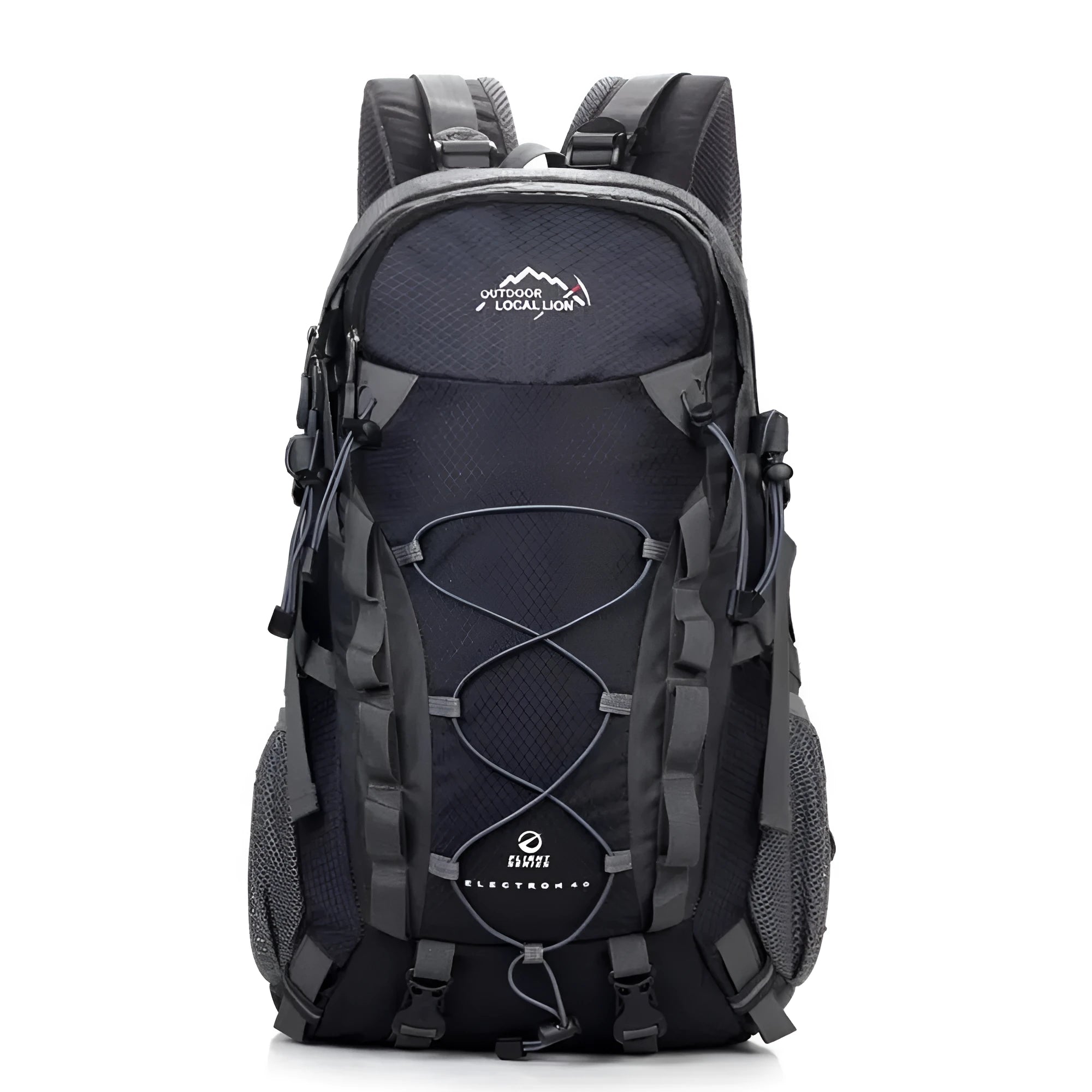 Polyester outdoor backpack in green colour showing dimensions and storage capacity