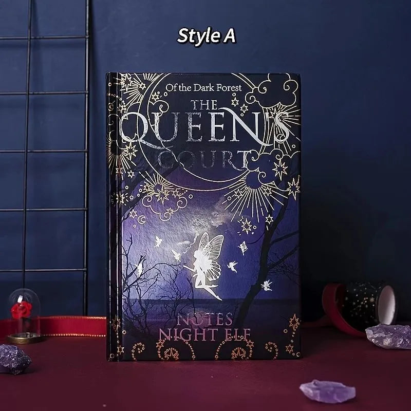 Blue A5 hardcover notebook with glowing night elves illustration, open to show colourful internal pages.