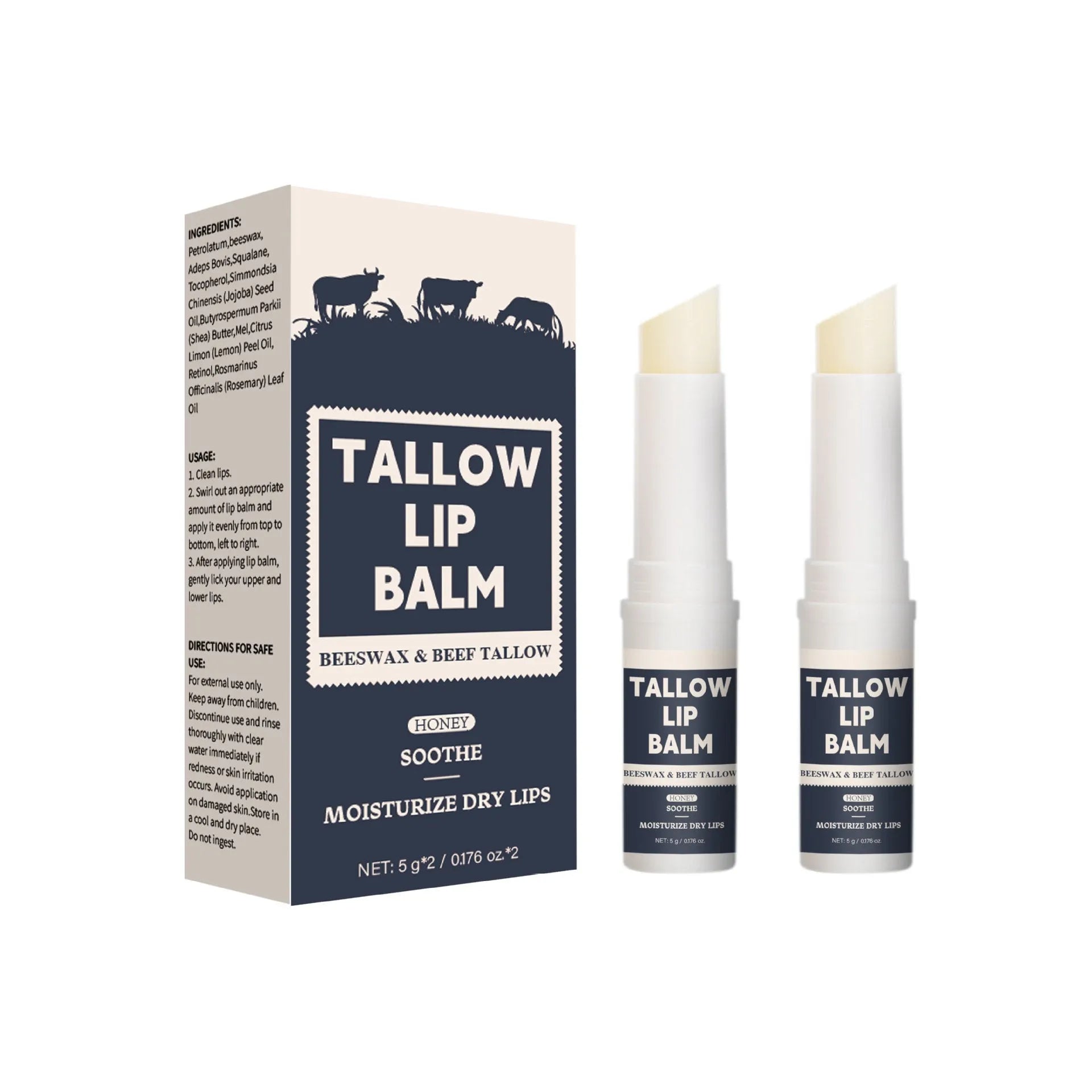 Two beef fat lip balm sticks with light grain texture for daily moisturising
