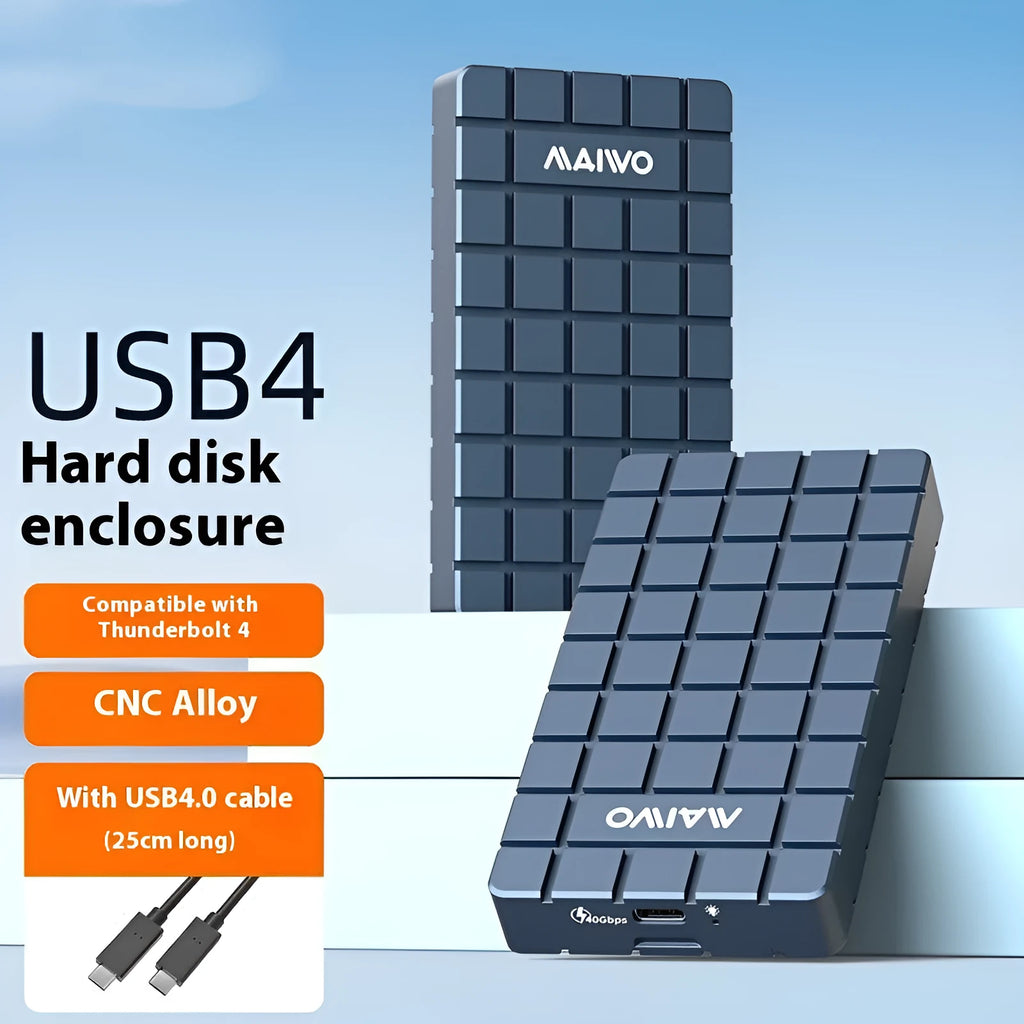 Silver USB4 M.2 NVMe hard drive enclosure showing compact aluminium design
