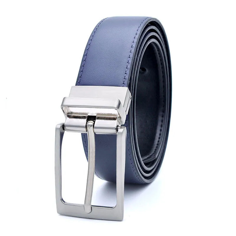 Men's brown and black genuine leather belt with rotating pin buckle showing 2-4cm width