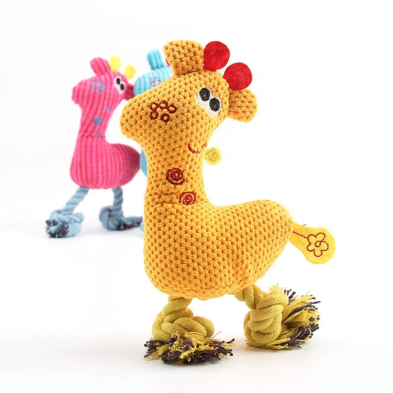 Deer shaped blue plush dog toy with corn grain texture and squeaker sound
