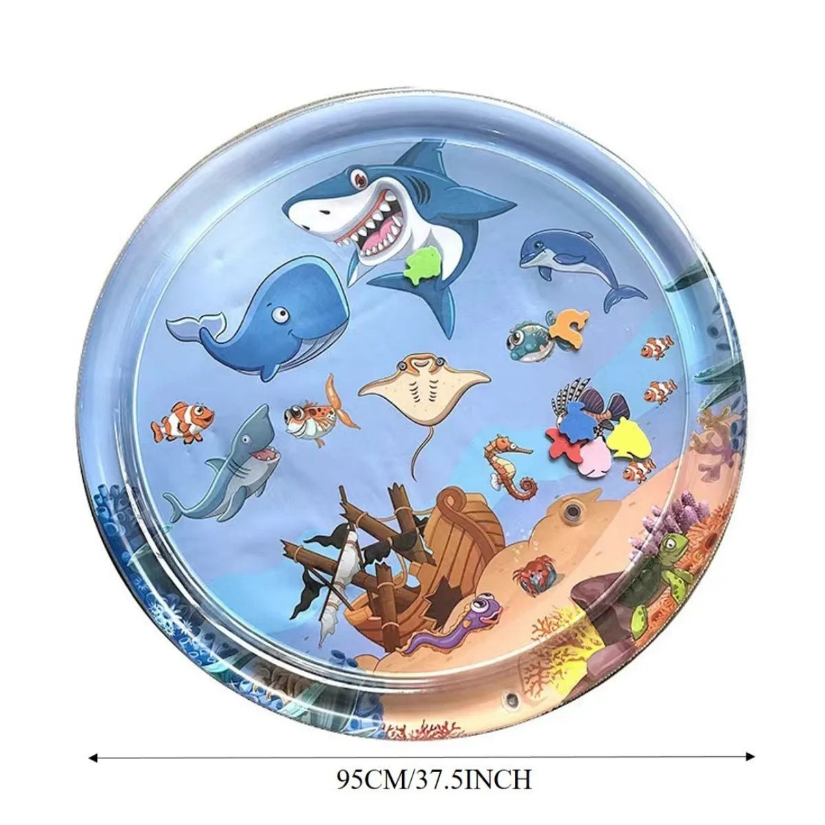 Square cat water playmat with ocean fish design and floating toys on blue PVC surface