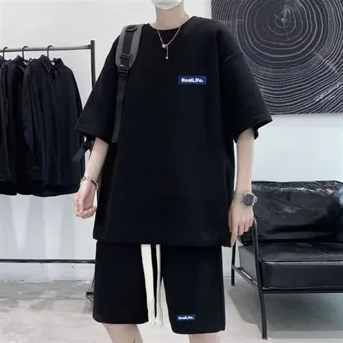 Men's waffle textured leisure sports suit set with short sleeves and shorts in grey