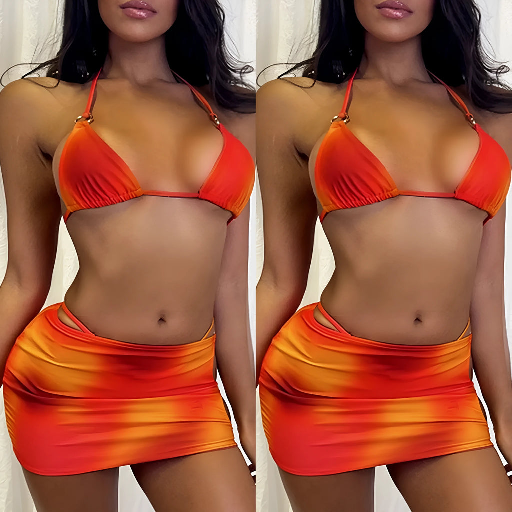 Women's three-piece tie-dye halter bikini swim set with matching skirt in solid colour gradient pattern
