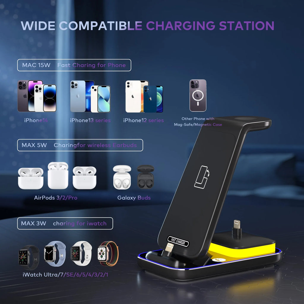 Black vertical wireless charging station with phone, smartwatch, and headphones charging simultaneously.