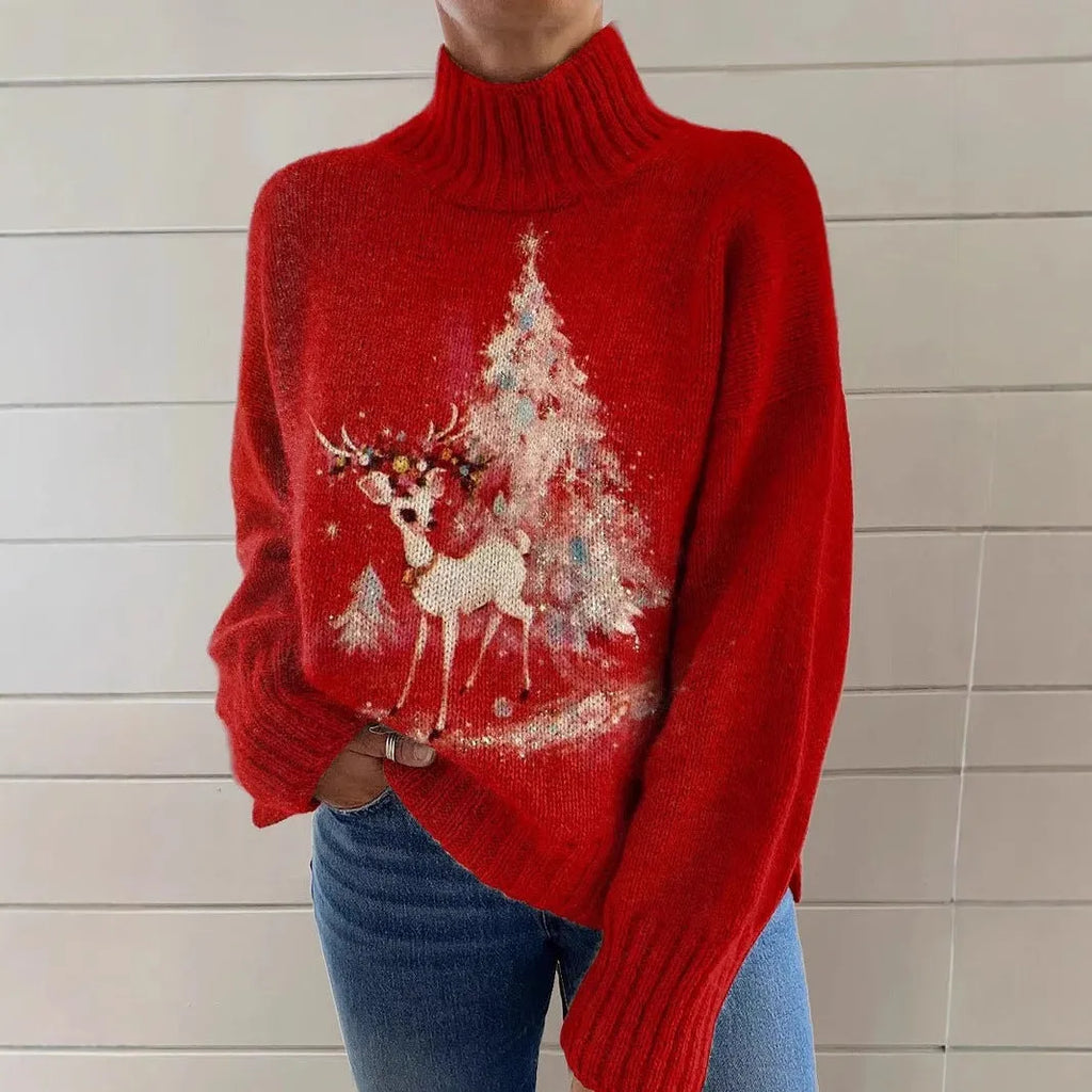 Women's loose fit Christmas print turtleneck sweater in a soft macaron colour.