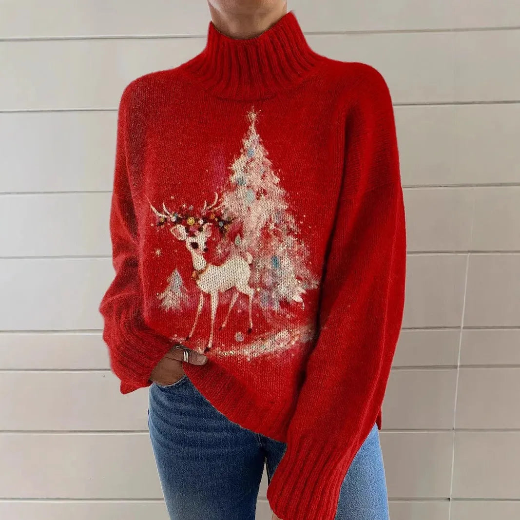 Women's loose fit Christmas print turtleneck sweater in a soft macaron colour.