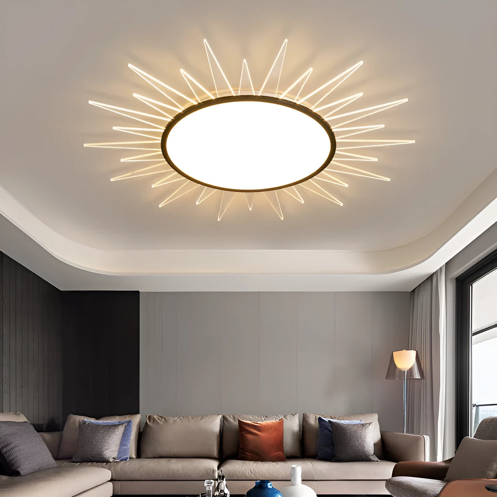 Round modern LED ceiling lamp in aluminium with remote control for tricolor dimming in living room setting