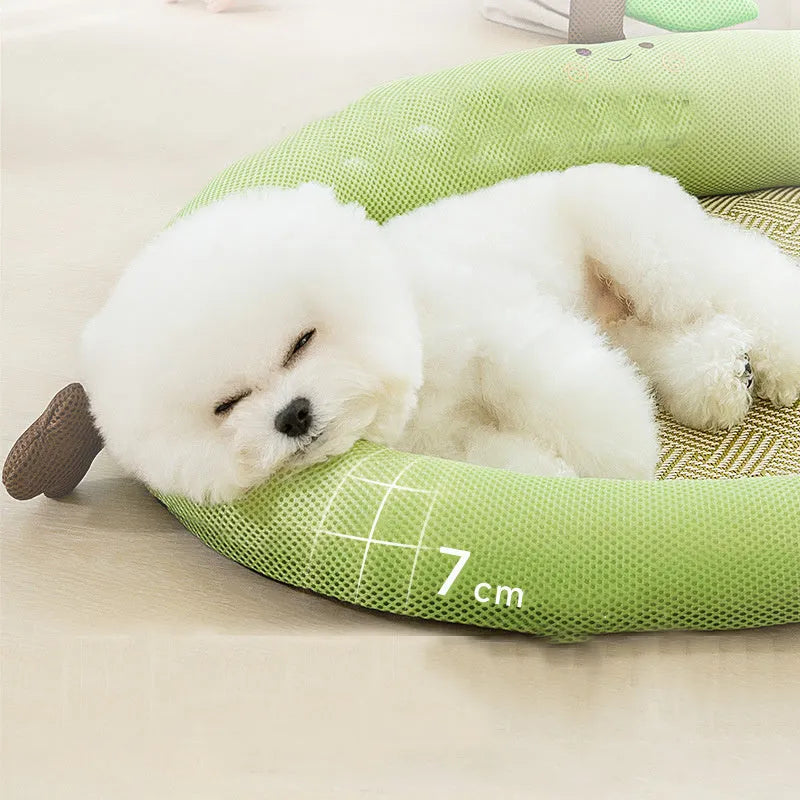 Fruit pattern pet cooling mat with backrest in green colour showing four size options