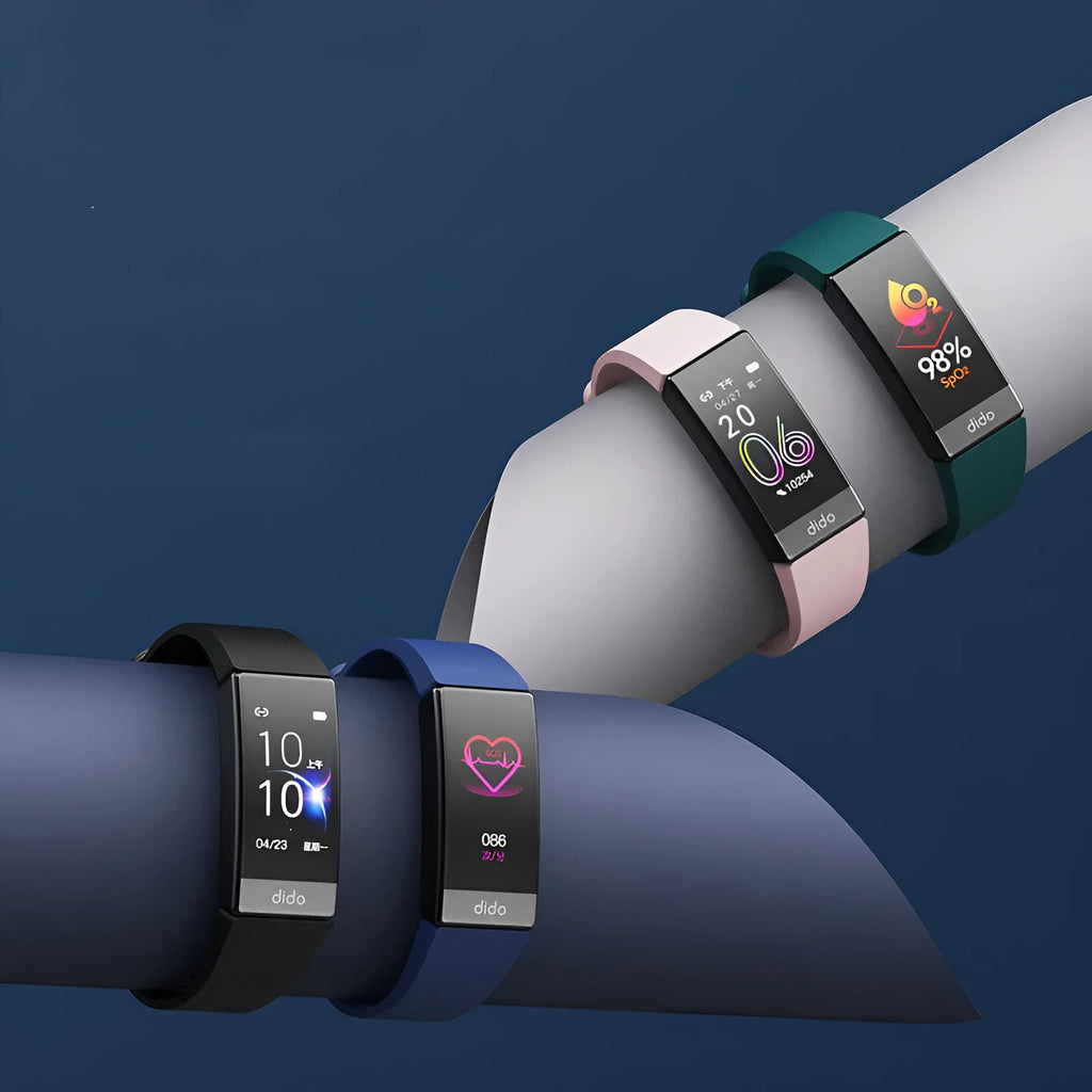 Black smart health bracelet with screen showing blood pressure and ECG readings on wrist.