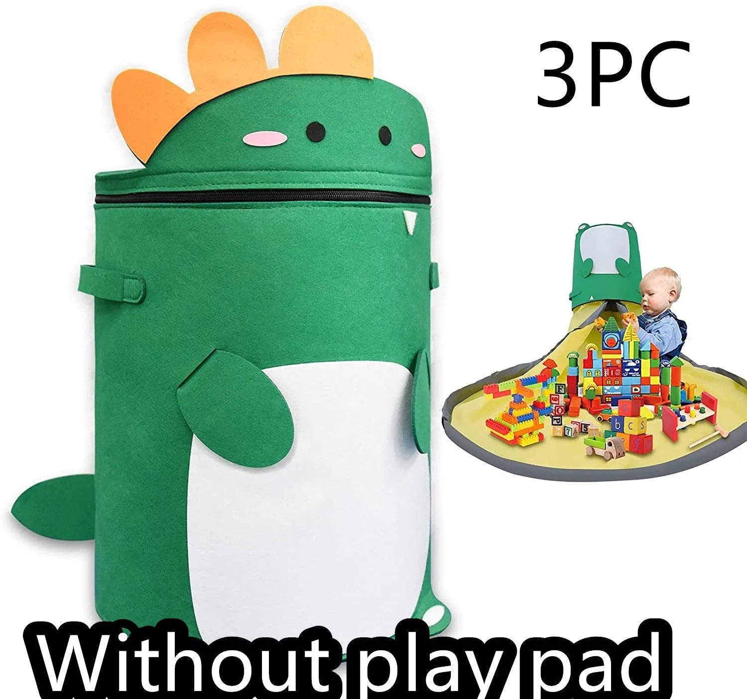 Green felt cube storage bag with pull rope serving as toy organiser and play mat