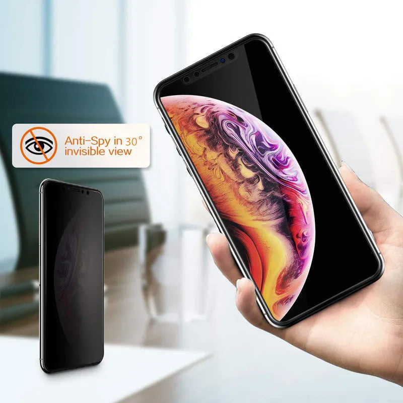 Black anti-peeping tempered glass screen protector film for Apple iPhone on a packaging card.