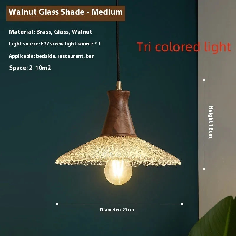 Wood and brass electroplated chandelier with glass shade in three sizes for commercial lighting
