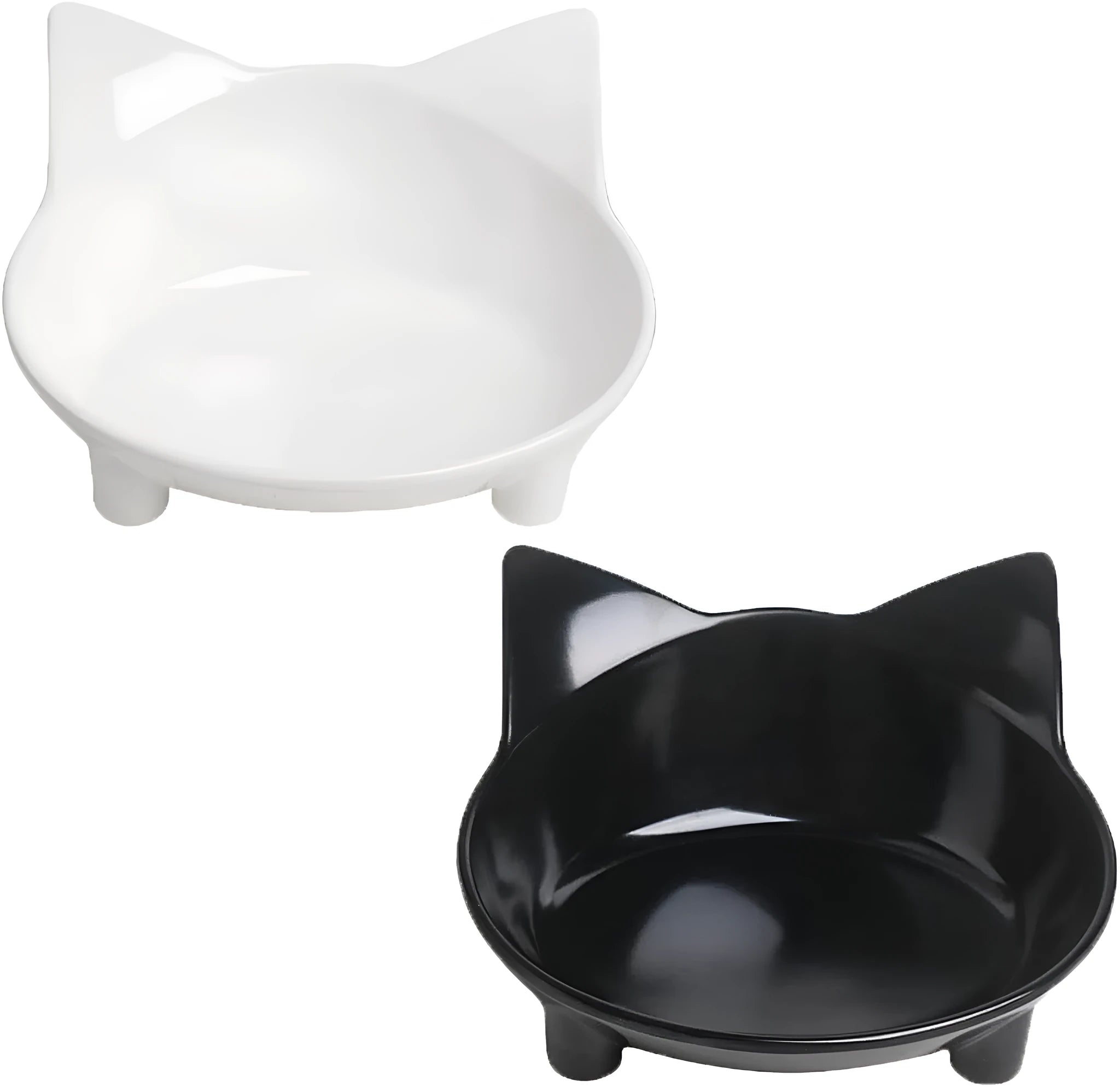 Set of four shallow black pet bowls with non-slip rubber bases for cats and small dogs