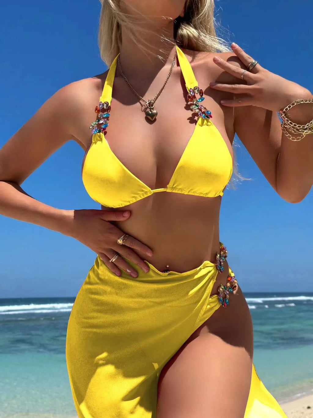 Rose Red three piece bikini set with light diamond mesh long skirt and solid color top and pants for women swimming