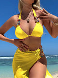 Rose Red three piece bikini set with light diamond mesh long skirt and solid color top and pants for women swimming