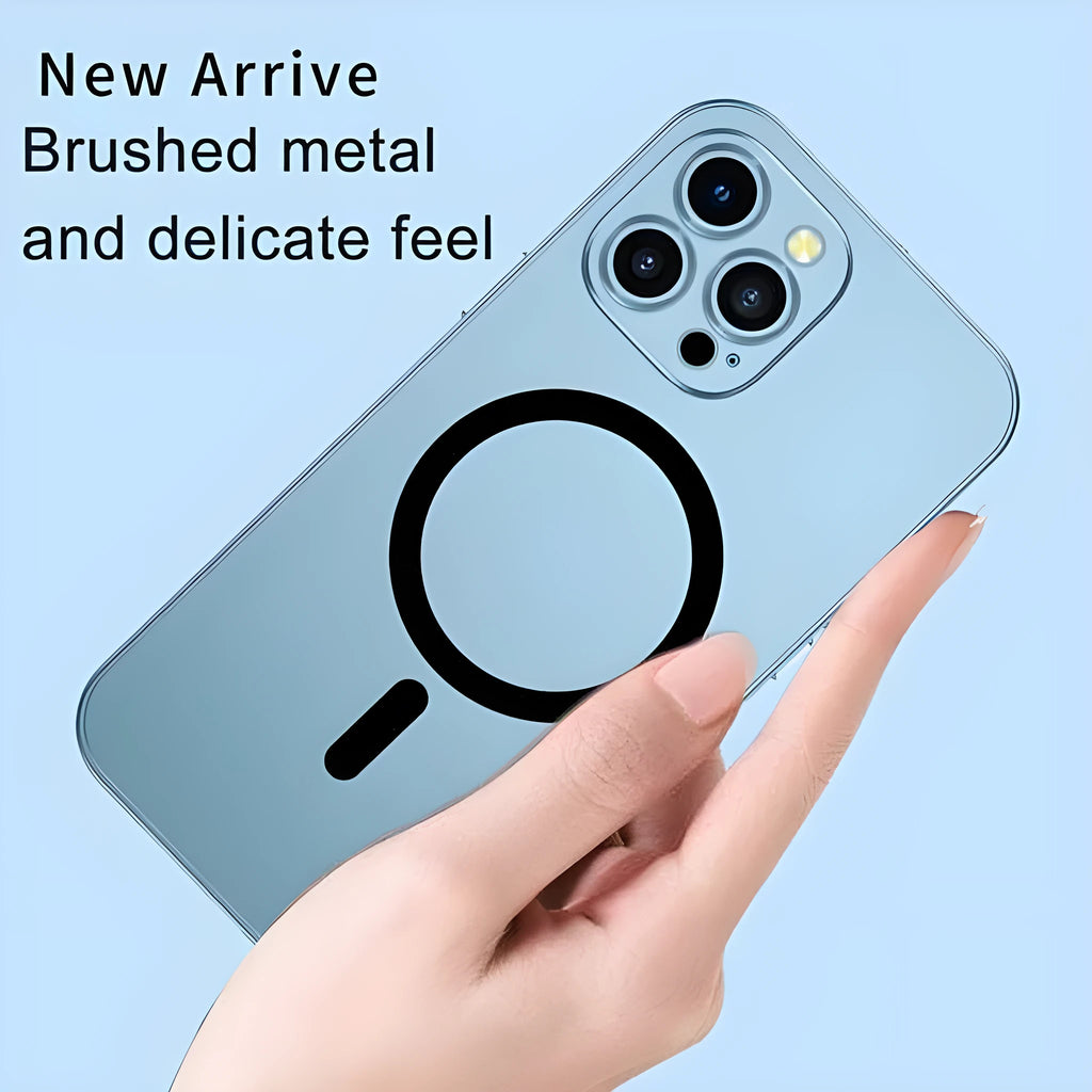 iPhone case with dark purple aluminium alloy frame and black PC back, showing glass camera lens cover.