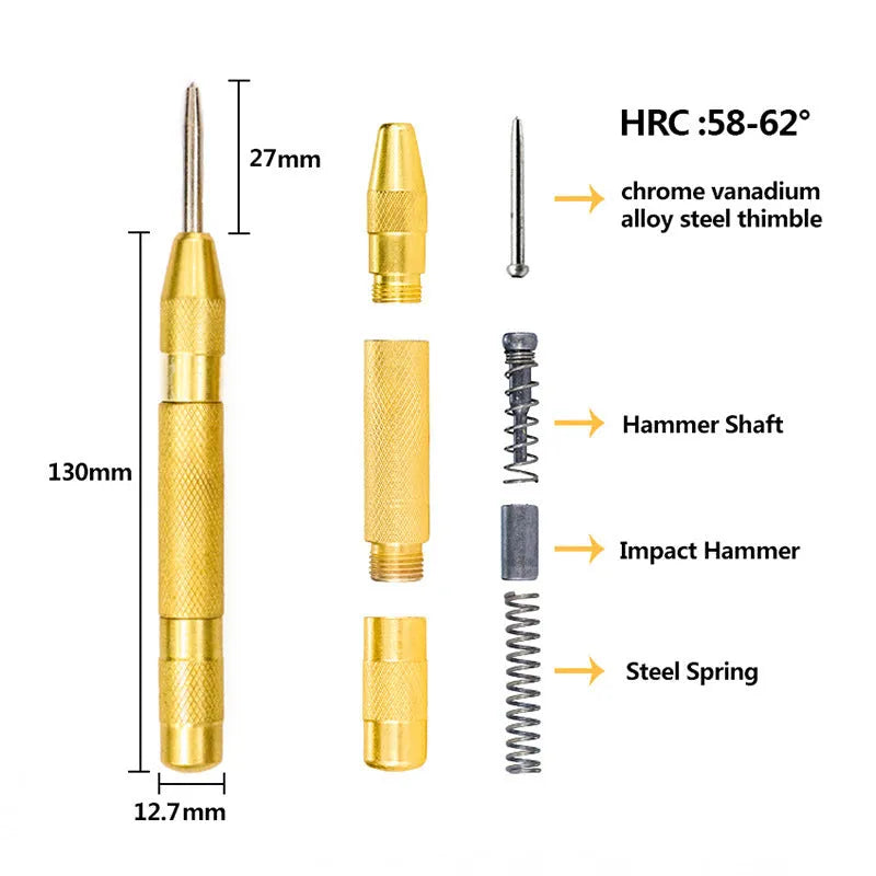 High speed steel cone drill bits and a centre punch arranged in a set, showing colour-coded handles.