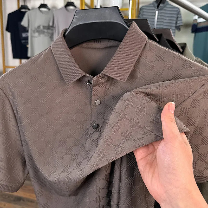 Rhombus pattern thin short sleeve T-shirt with slit side detail in black, green, or brown.