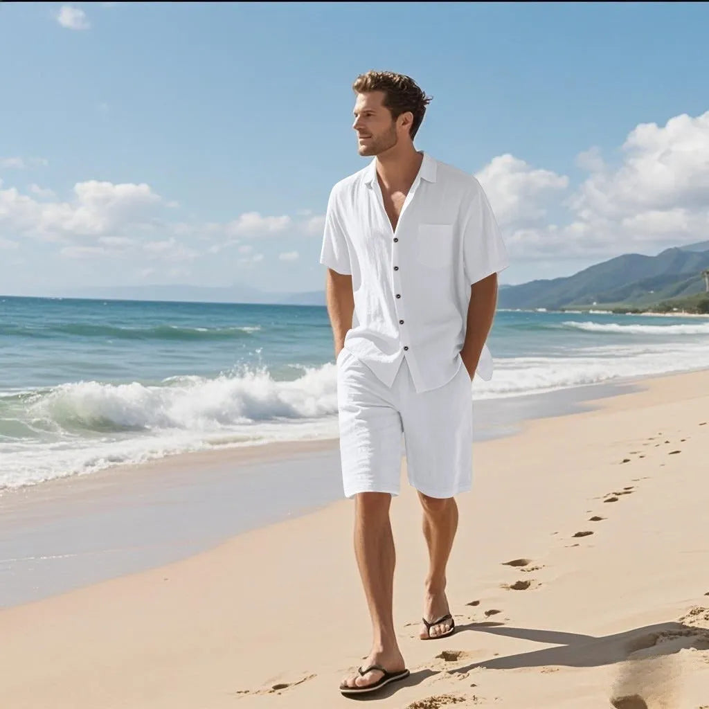 Linen blend casual short sleeve shirt and matching shorts set laid flat, shown in light blue colour.